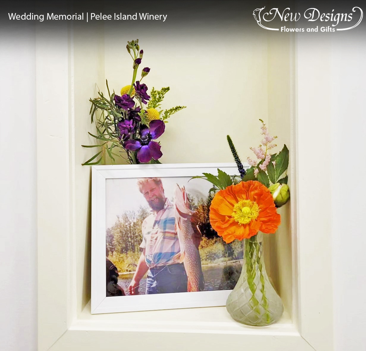 A memorial installment with bright summery flowers